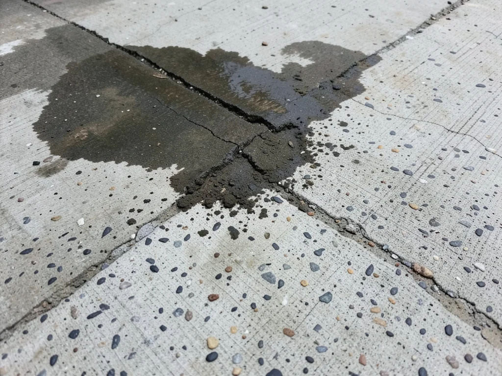 Concrete with dark water stain, wet patch spreading from corner creating two-ton