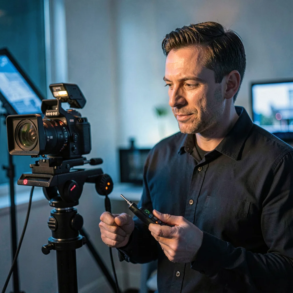 DP portrait beside the camera dolly, light meter in hand, cool blue ambience and
