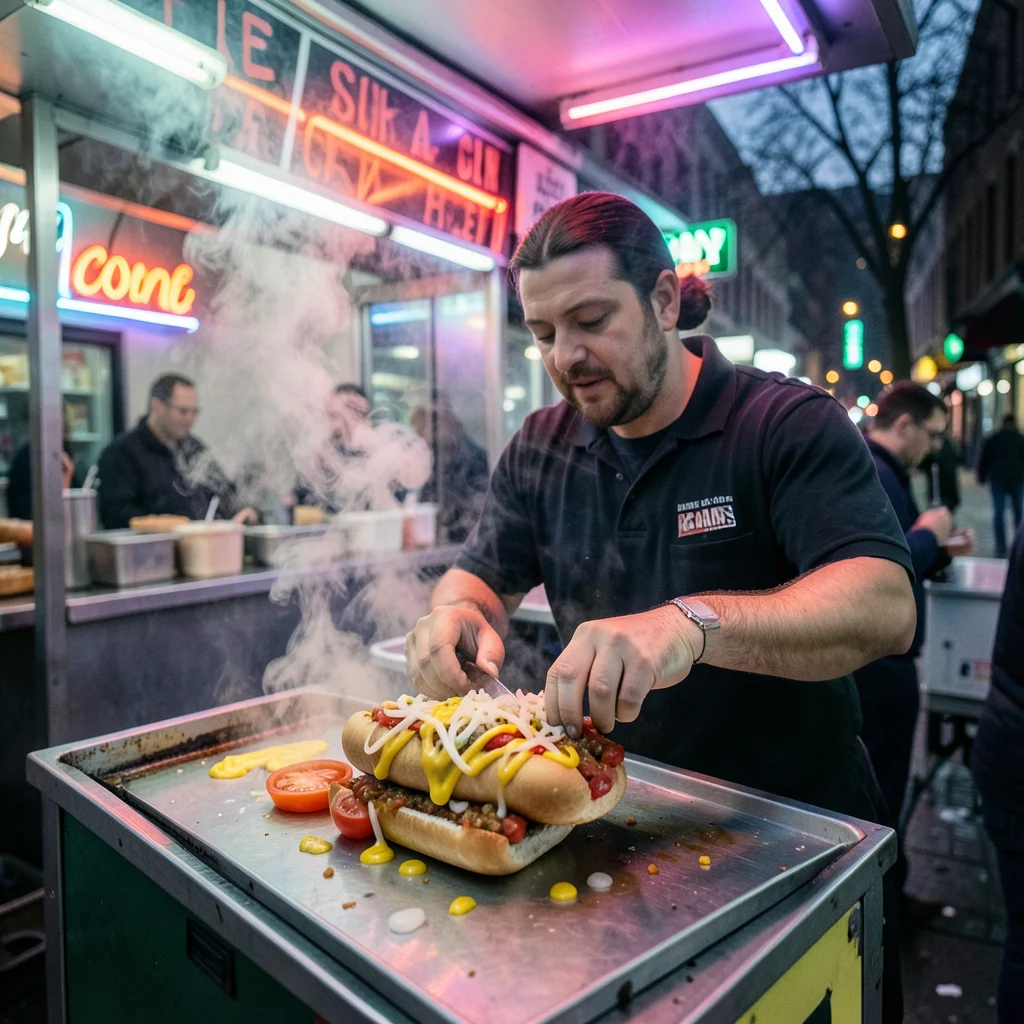 A hot dog cart in Chicago, the vendor building a loaded dog — mustard, relish, o