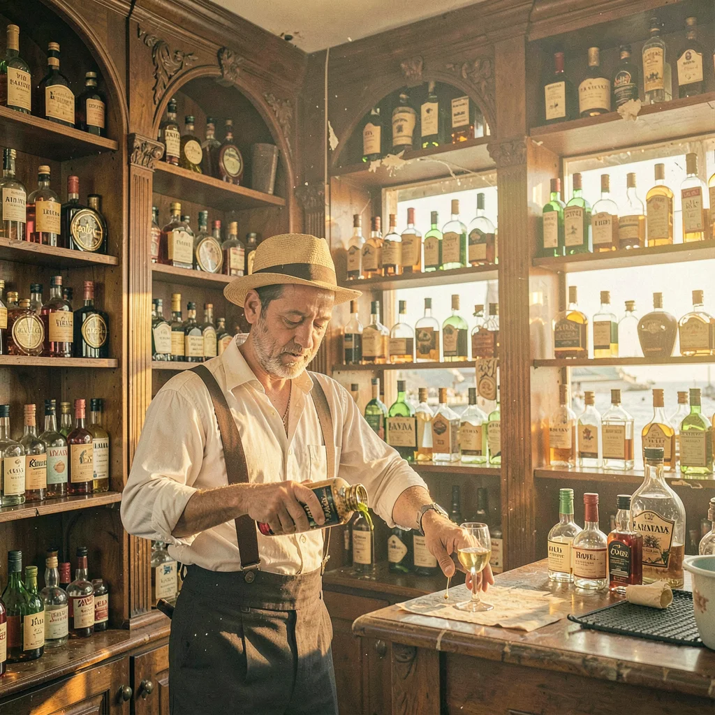 Faded pastel decay of Havana, Cuba, Rum bodega interior, bottles on shelf, barte