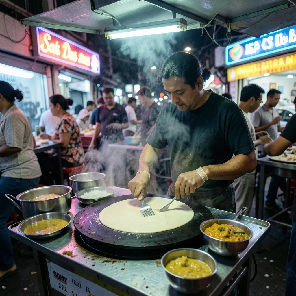 A dosa cart in Mumbai, the cook spreading batter into a paper-thin circle on a m