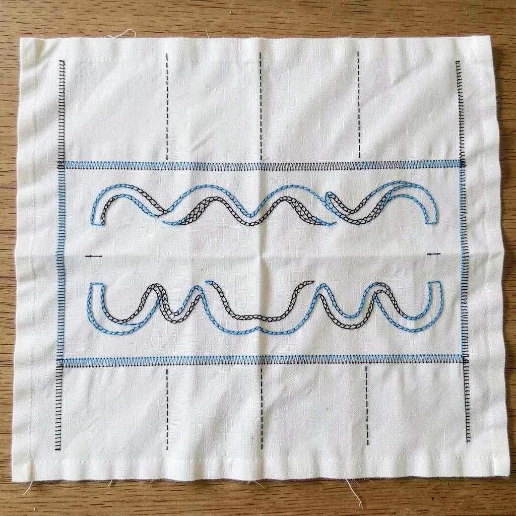White cotton pre-embroidery — fabric laid flat with chalk-marked guide lines for