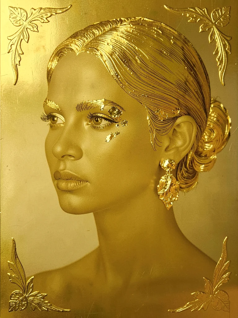 A woman's portrait with gold applied to hair strands and earring areas only