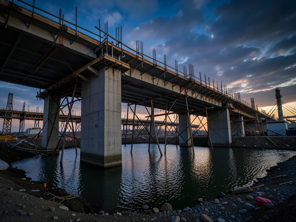 A bridge under construction: the concrete pylons rising from water, temporary su