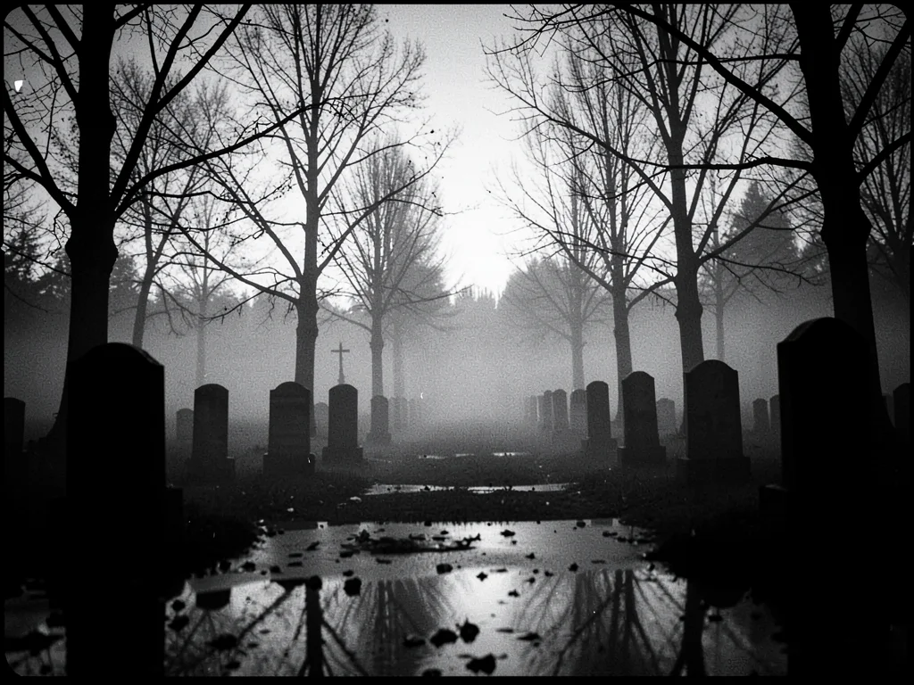 Fog rolling through cemetery at dusk, bare trees, silhouettes of headstones