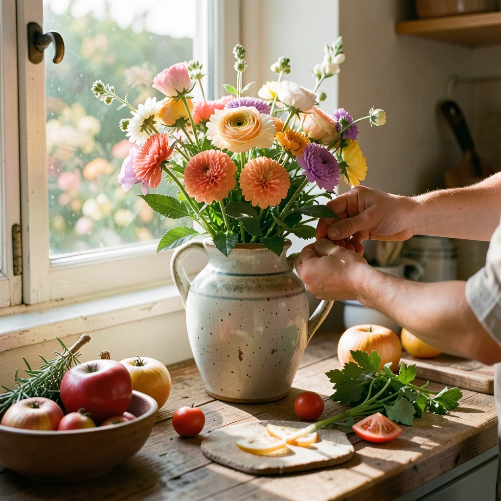 Hands arranging flowers in vintage ceramic vase on kitchen windowsill
