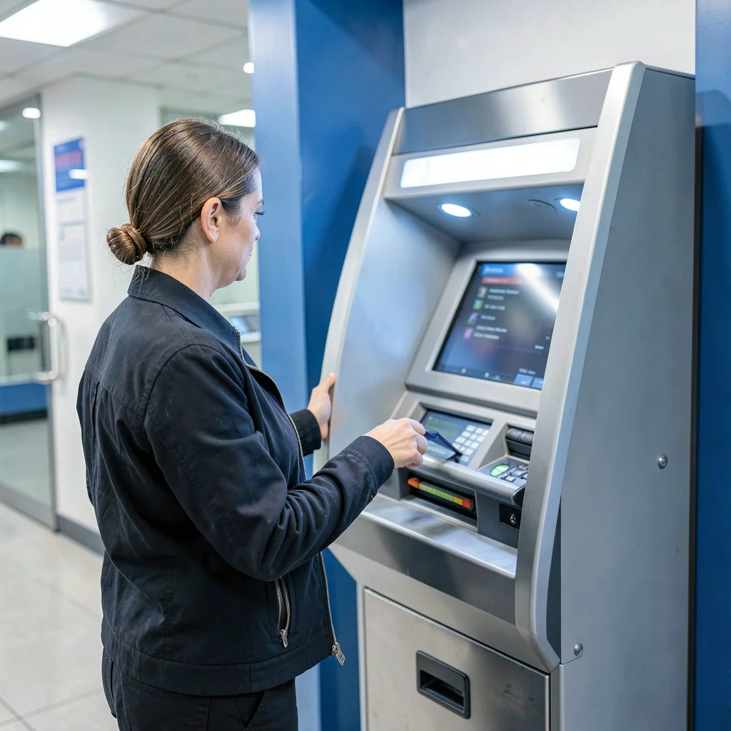 Editorial photograph, Person using ATM with modern touchscreen interface , clean