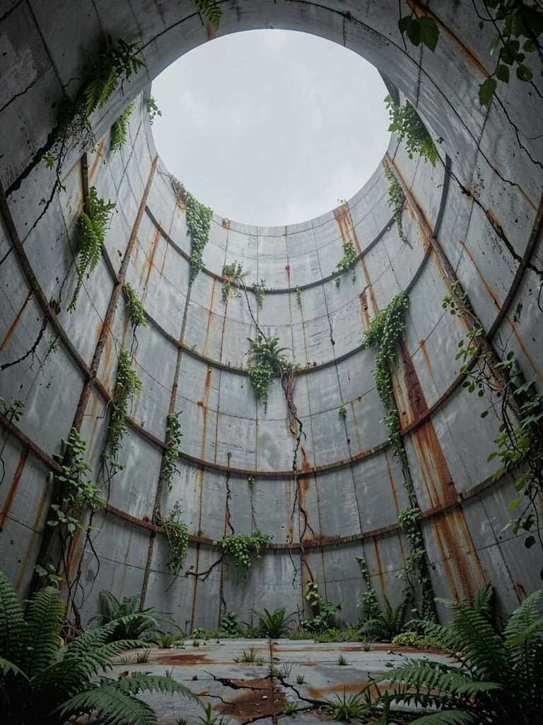 Hyperboloid cooling tower interior viewed from the floor, pale circular sky abov