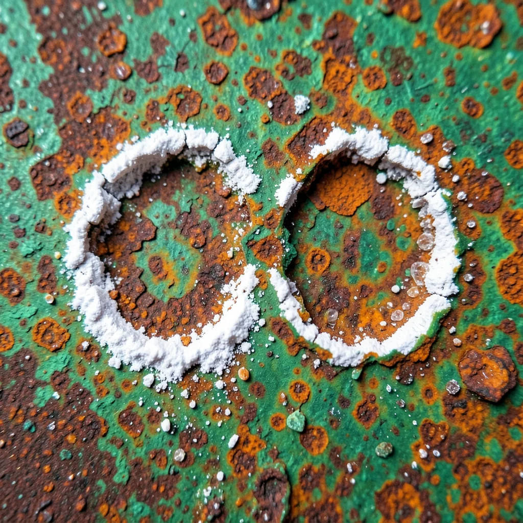 Aluminum corrosion pitting under microscope-like view, white aluminum oxide powd