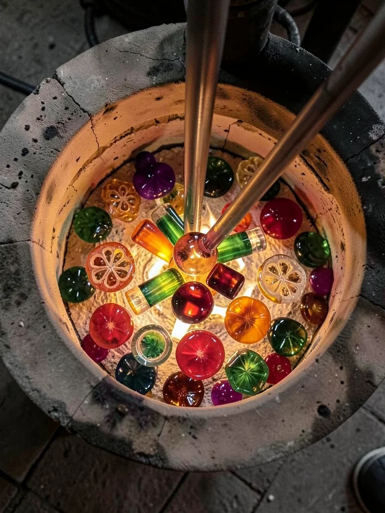 Murano glass furnace mouth with glowing gather of molten glass on blowpipe