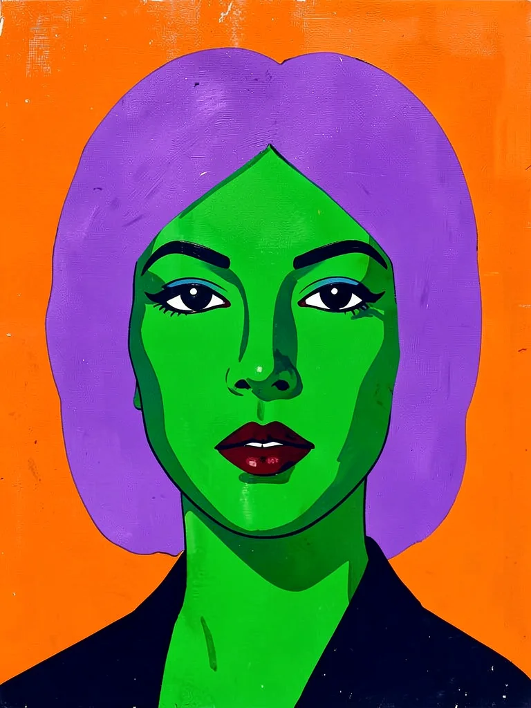 Portrait of a woman with green face, her hair an arbitrary flat violet, backgrou