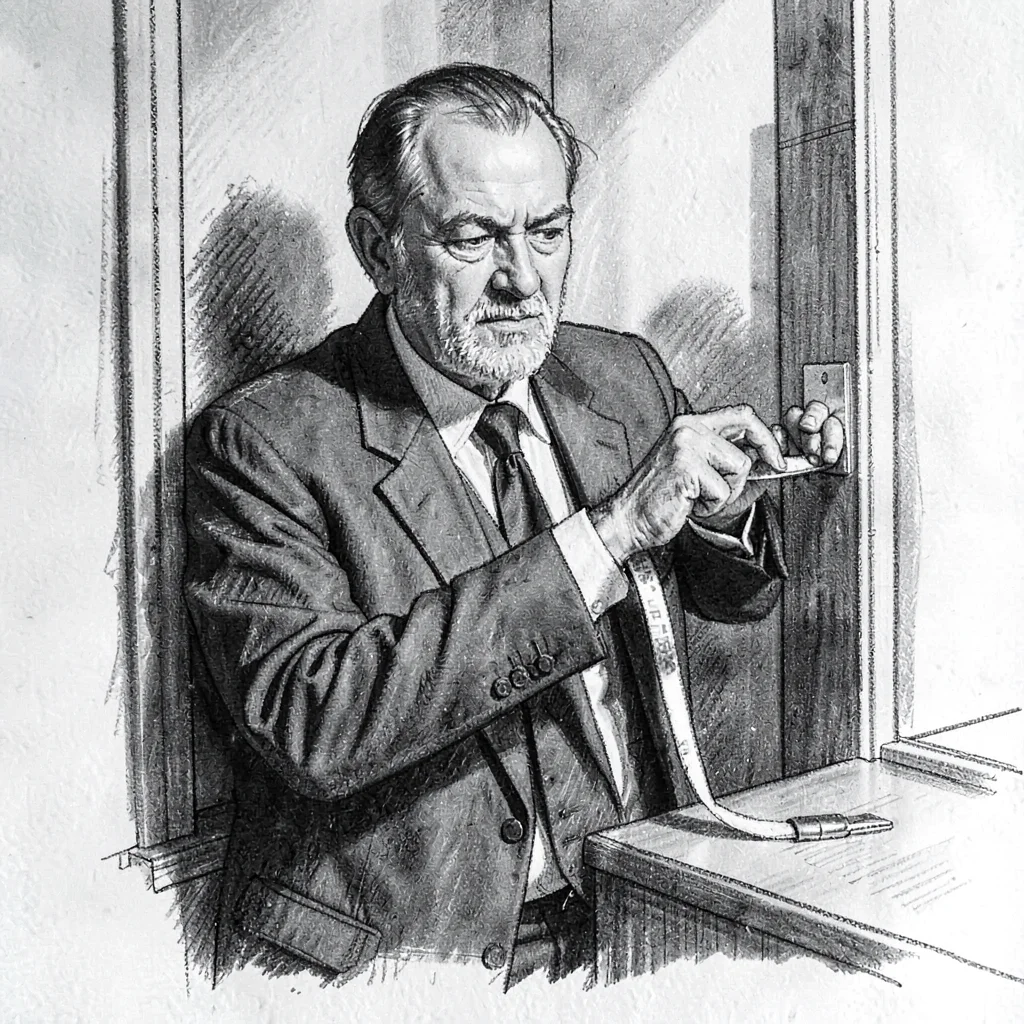 Loose charcoal portrait of a clerk fitting a tape back into a divider, smudged s