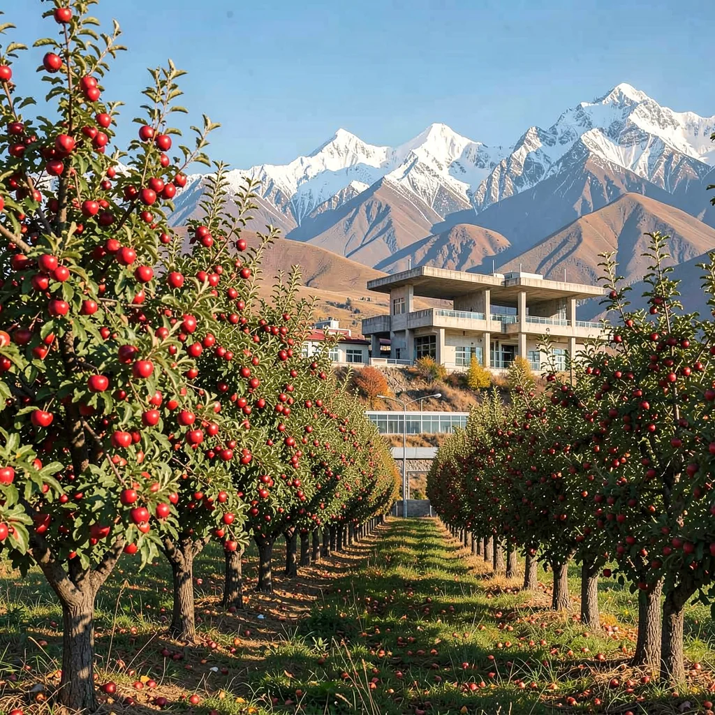 Tian Shan mountains behind Soviet Almaty, rows of apple trees heavy with red fru