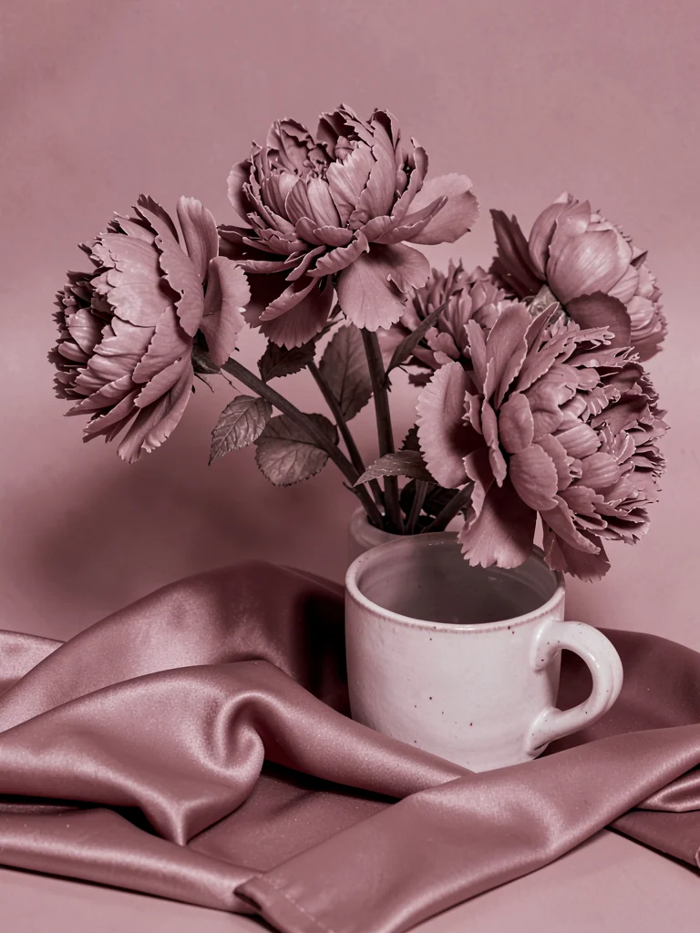 Dusty rose arrangement, dried peonies, silk fabric, ceramic cup, pink tonal obse