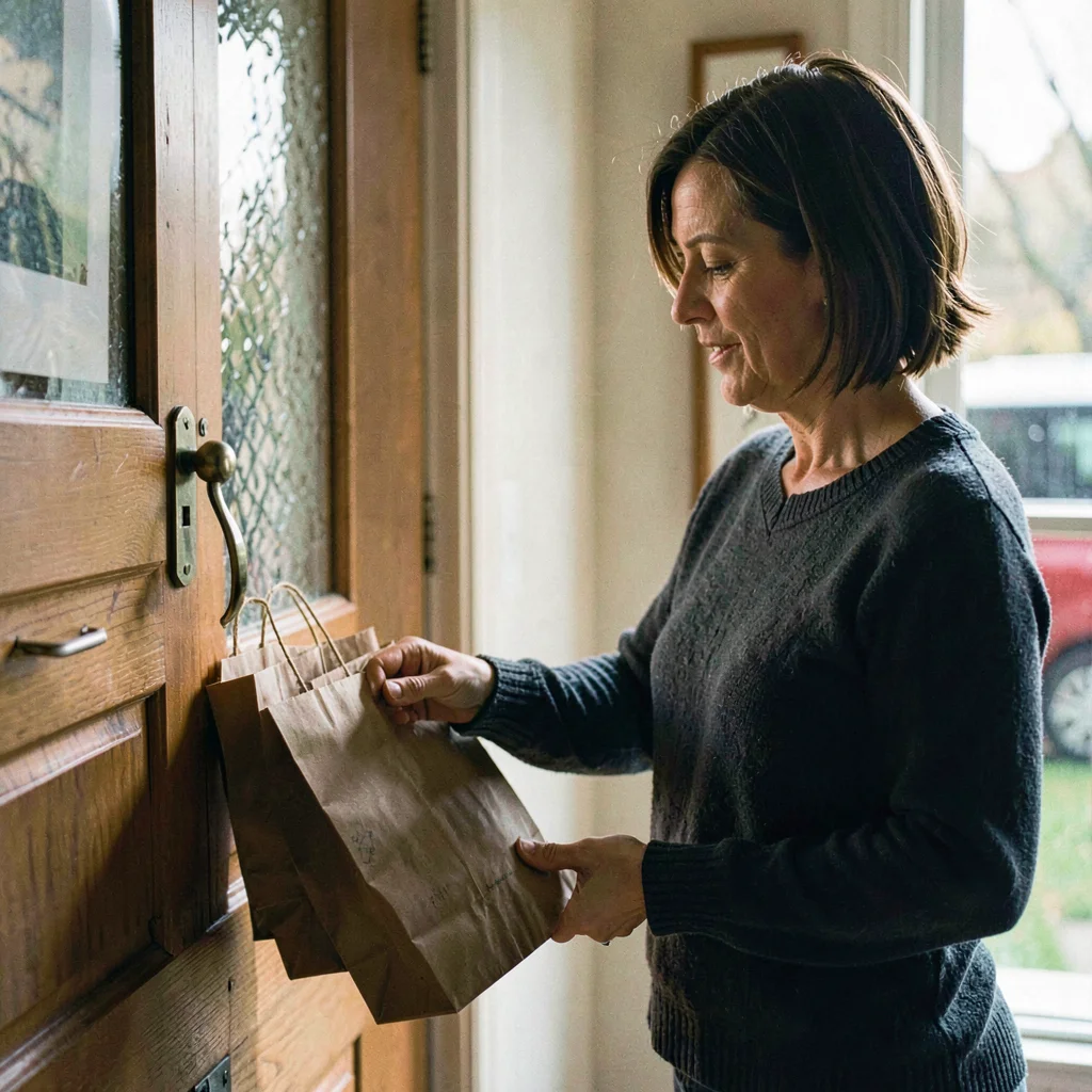 Quiet portrait of a parent handing out paper goodie bags by a doorway