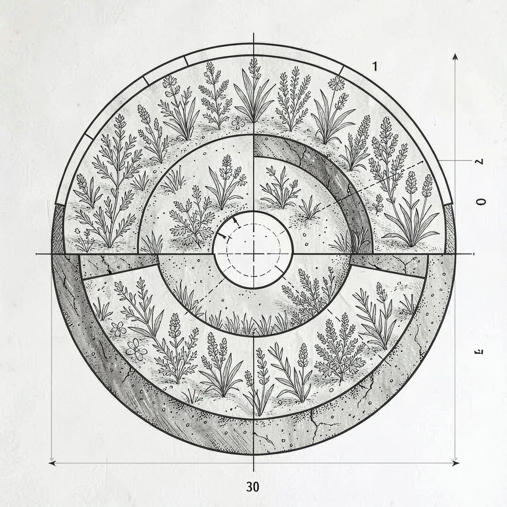 Detail blueprint of a herb spiral cross-section with tier zones, no readable lab
