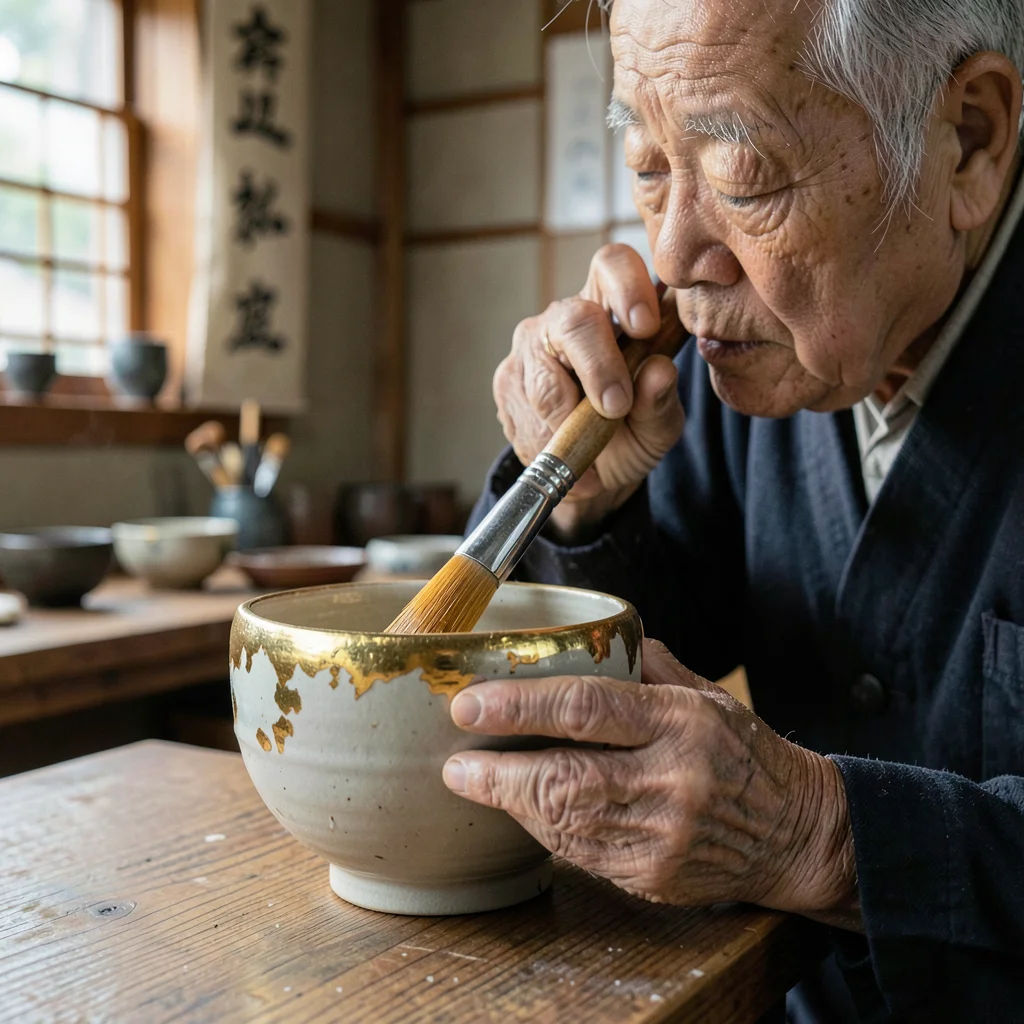 Kanazawa gold leaf craft, extreme delicacy, elderly craftsman brushing gold onto