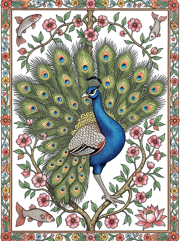 Peacock standing on one leg, tail spread wide, surrounded by dense flowering vin