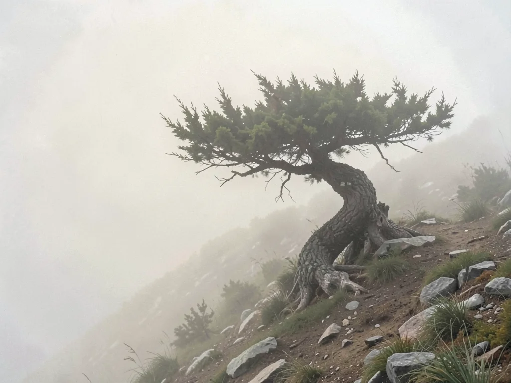 One twisted juniper on a windswept ridge, ground a thin scumble of stone, the ri