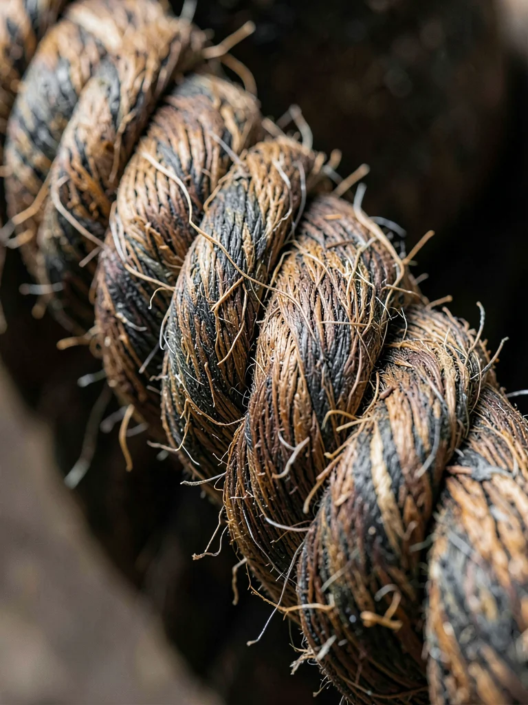 Weathered rope showing twisted fiber texture