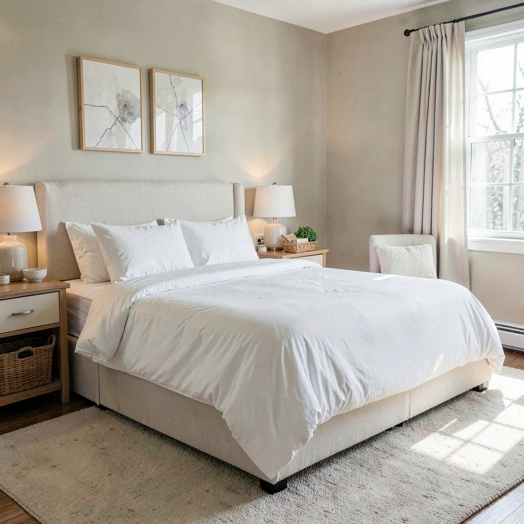 empty primary bedroom with crisp white linens and welcome basket