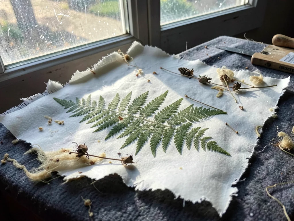 A sheet of handmade paper backlit on a window, fern fronds embedded inside visib