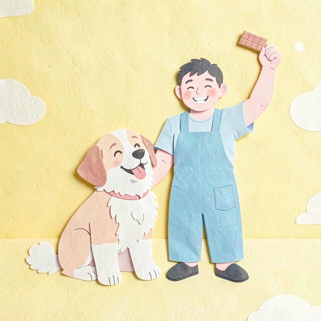 Cut-paper collage of a happy dog sitting beside a smiling trainer with a treat h