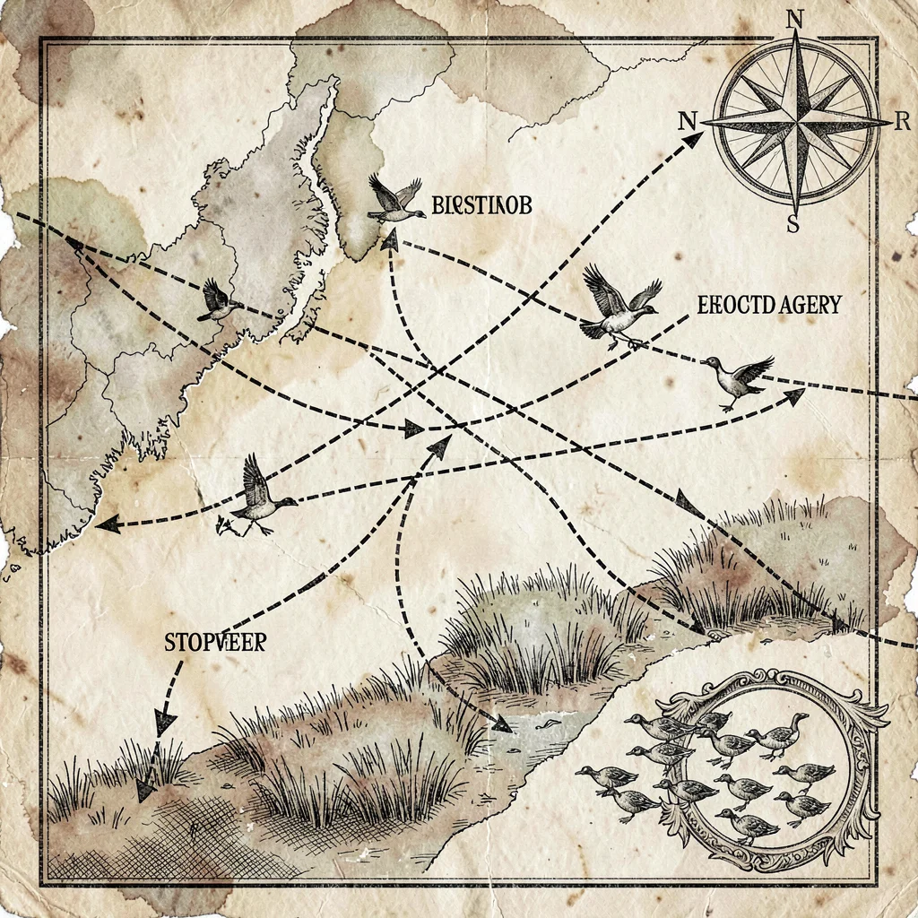 A regional bird-migration map with overlapping flyways in arrowed dashed paths, 