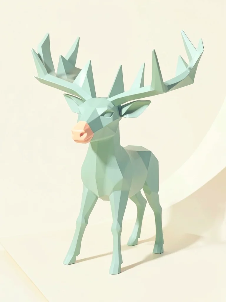 Antlered mint-green lowpoly deer with chunky triangulated antlers and a peach no