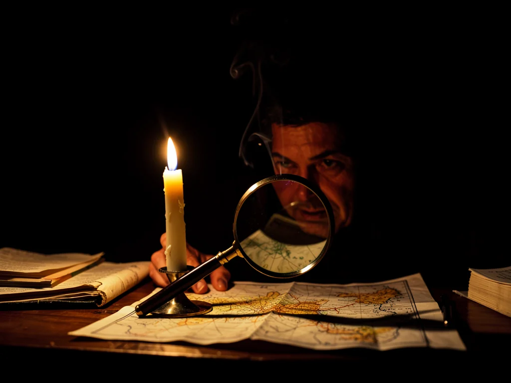 Practical candle on a cluttered desk lighting a magnifying glass over an unfolde