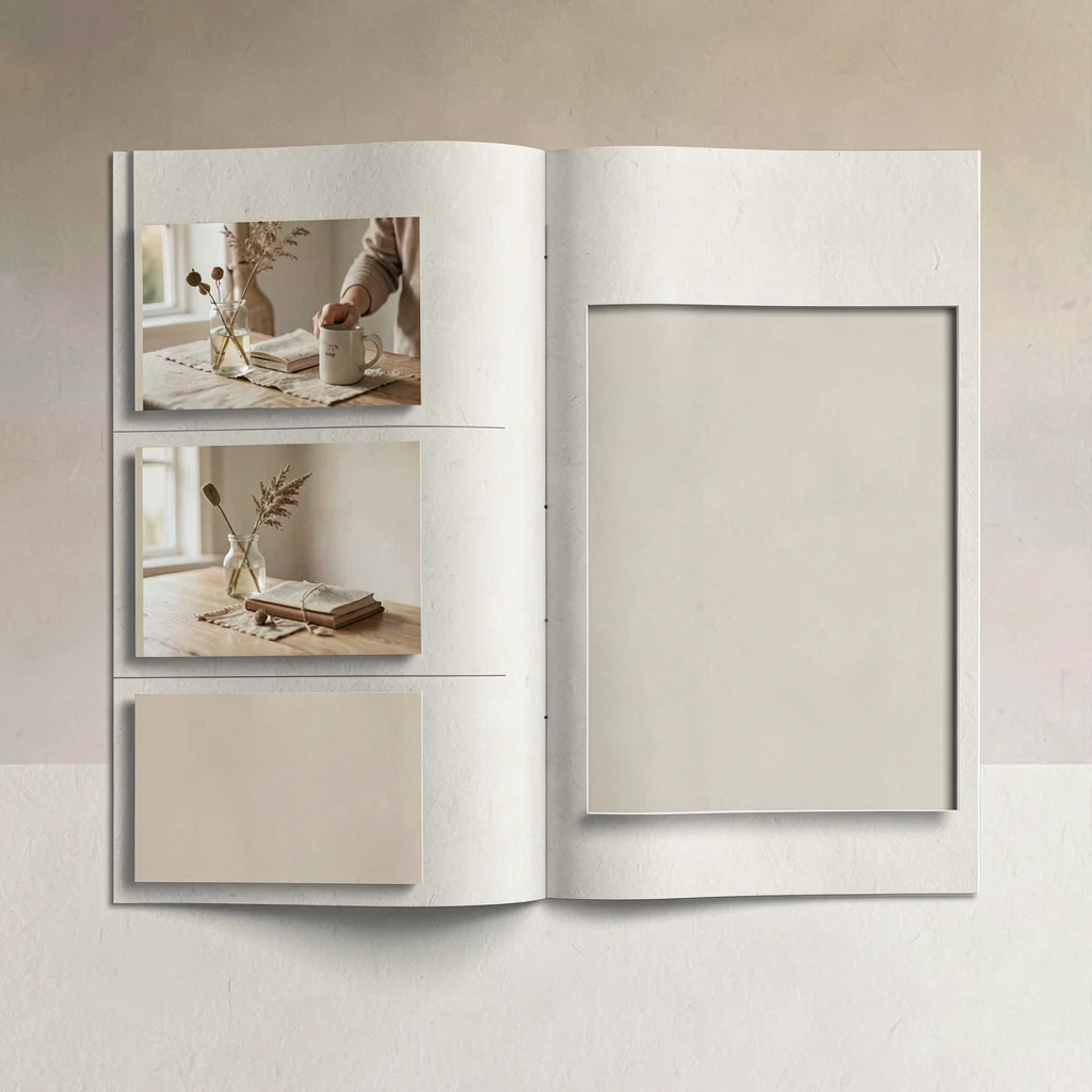 Two-page photobook spread with three small images stacked left and one large fra