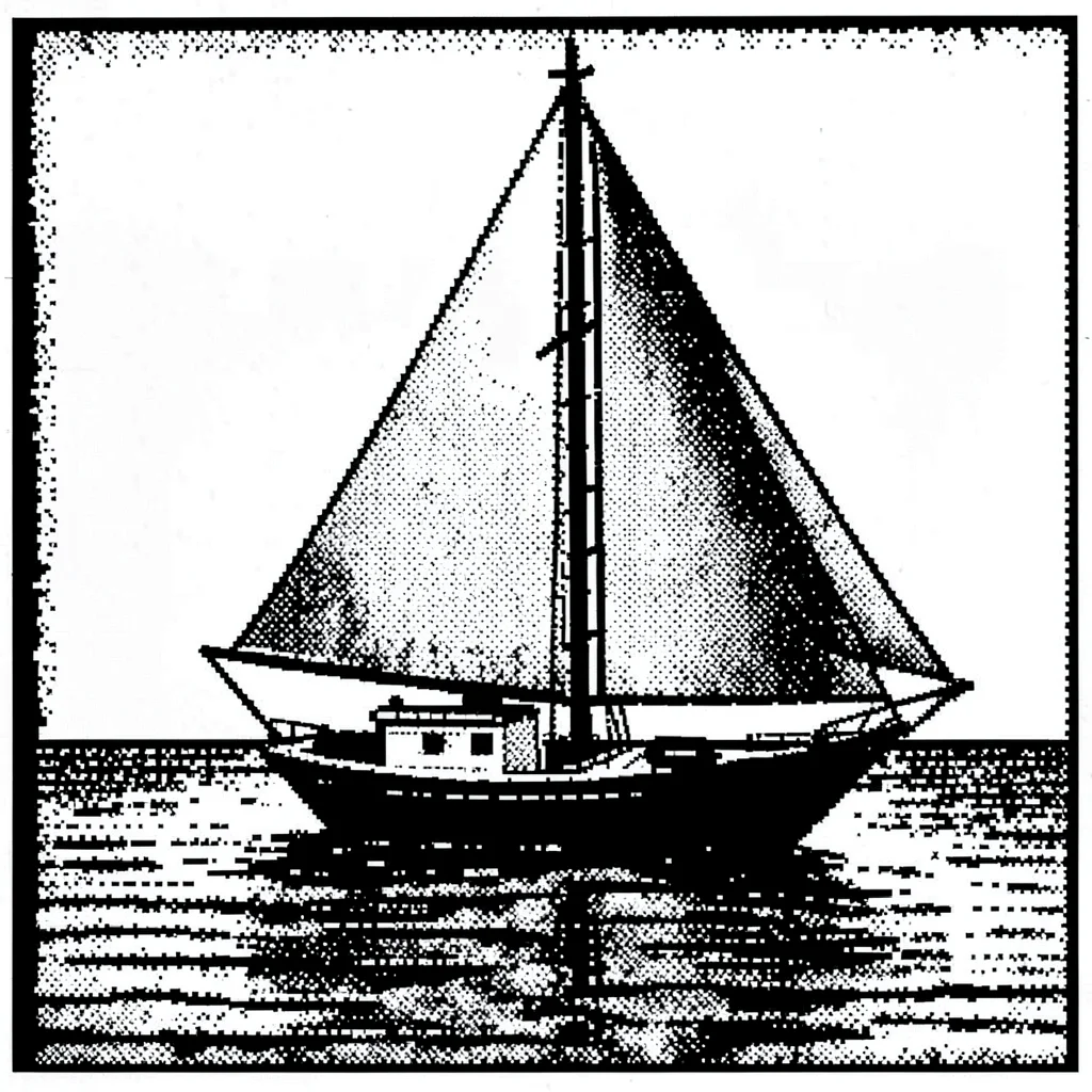 1-bit dithered illustration, sailboat on water , black and white only, dither pa