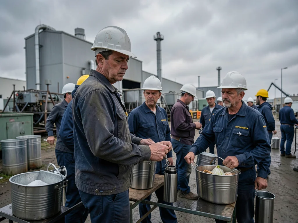 Factory workers during shift change under overcast sky, their faces tired and re