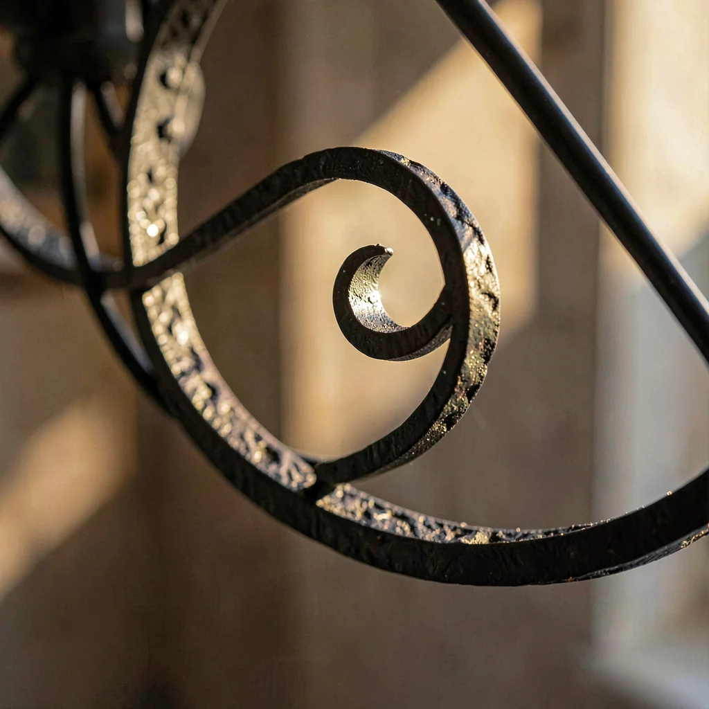 Mineral-cut close on iron chandelier curl with carbon scale, raking light