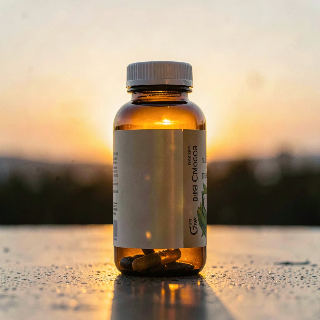 Warm vertical of a tall amber vitamin bottle backlit by a setting sun