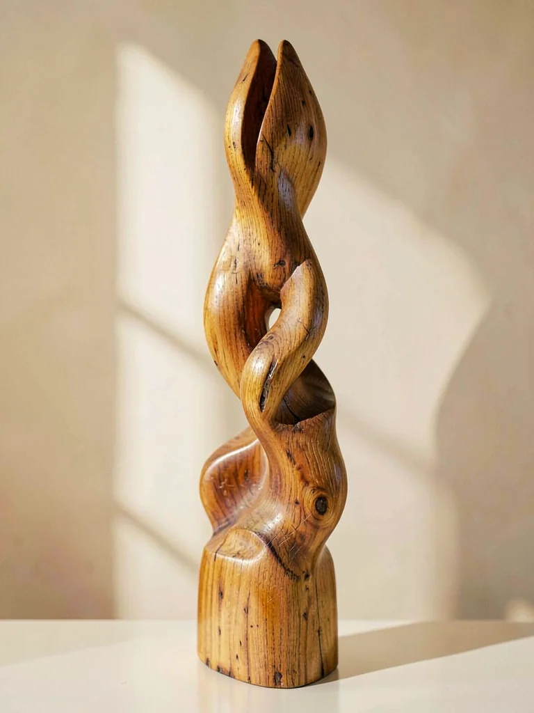 A tall carved wooden sculpture stands upright showing organic curving forms and 