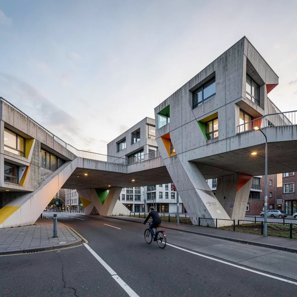 Post-war reconstruction modernism, Rotterdam radical geometry, A cyclist crossin