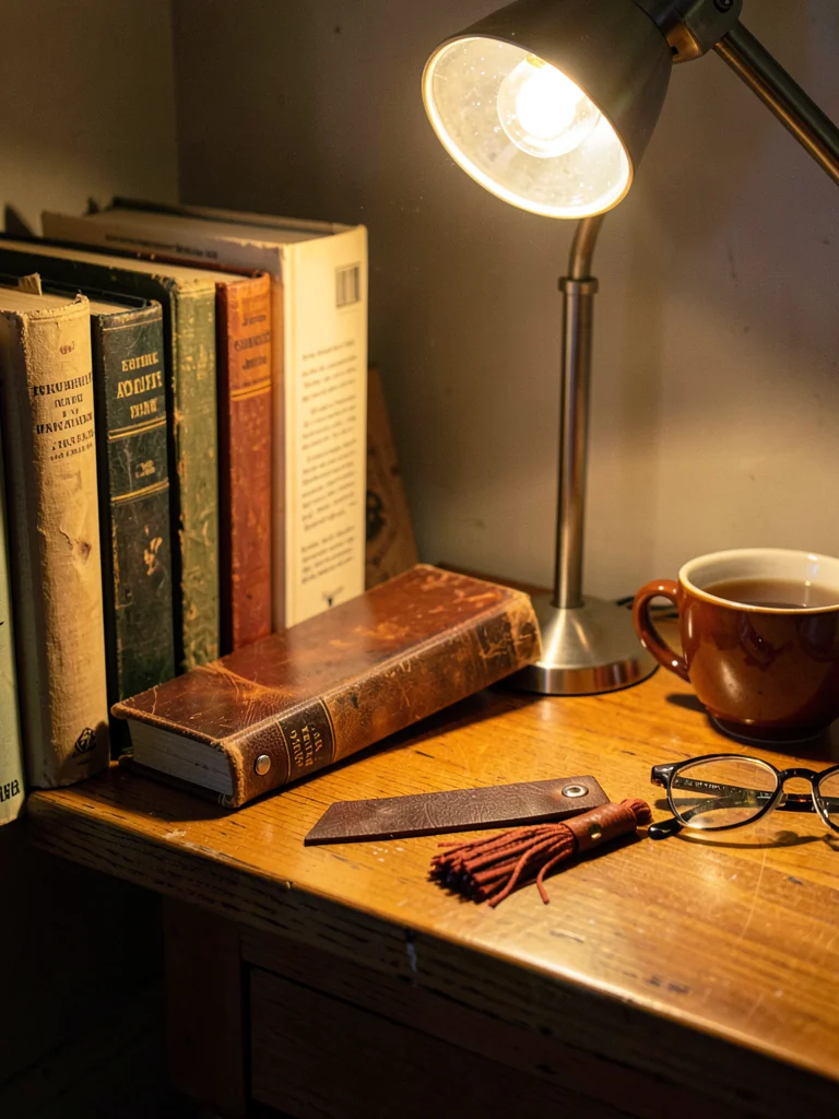 Leather bookmark with tassel in warm lamp light