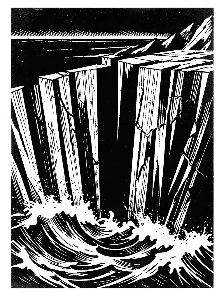 Cliff face with crashing waves below, vertical gouge marks suggest danger