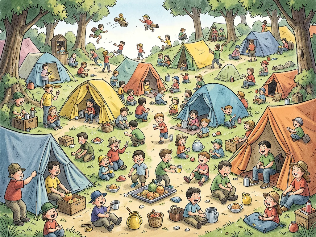 Busy camping scene activities