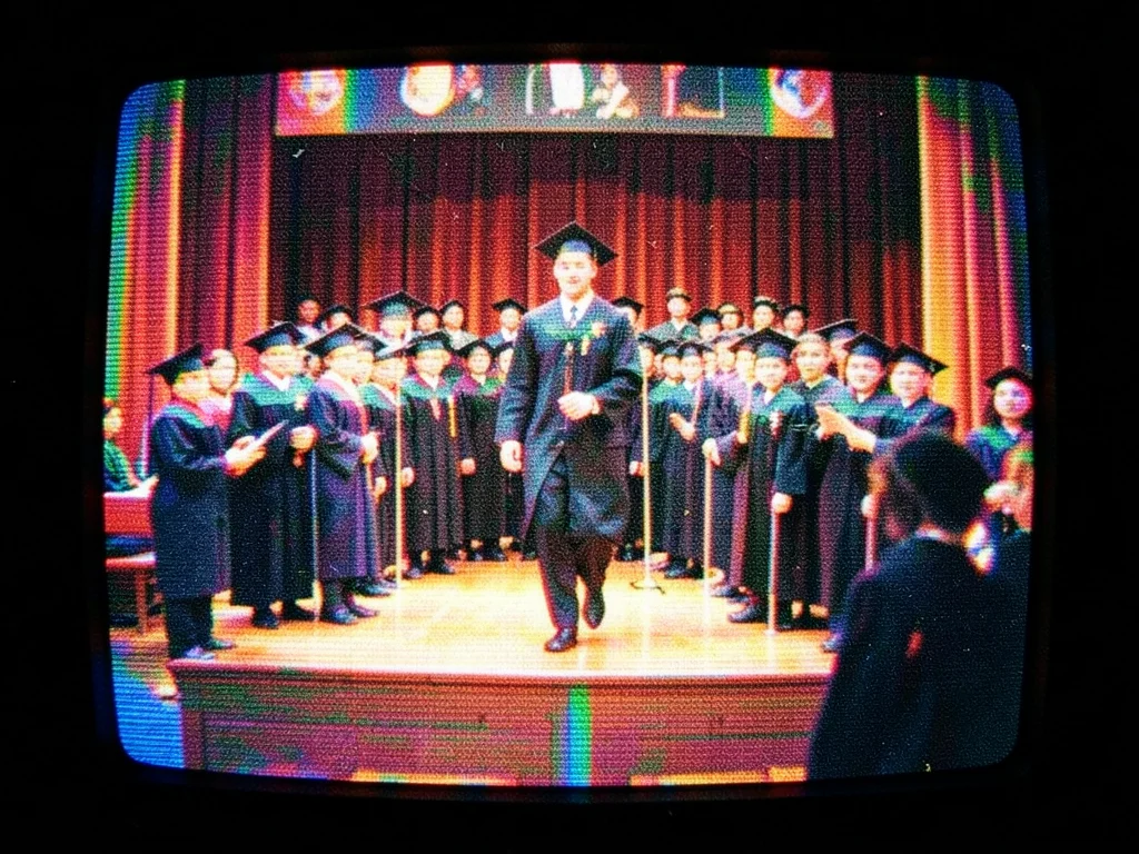 VHS recording of graduation ceremony, walking across stage, family camera angle