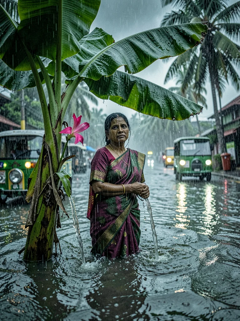 Woman in Sari Under Banana Plant in Rain