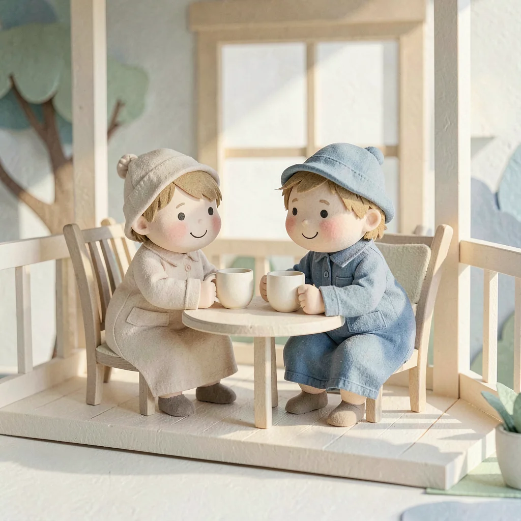 Soft pastel illustration of two cozy characters sharing tea on a porch, soft aft