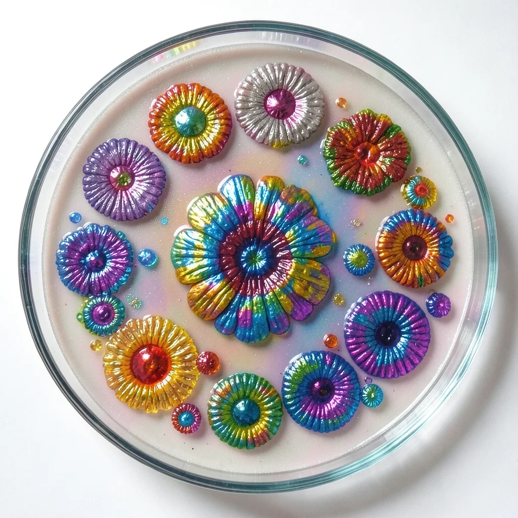 Bacterial colony forming iridescent pattern on agar plate, metallic sheen on gel