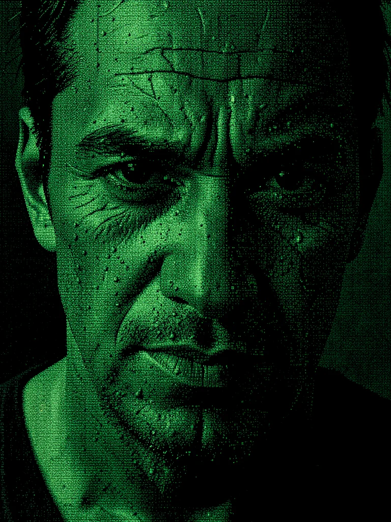 A close-up portrait of a weathered human face in dense ASCII characters, eyebrow