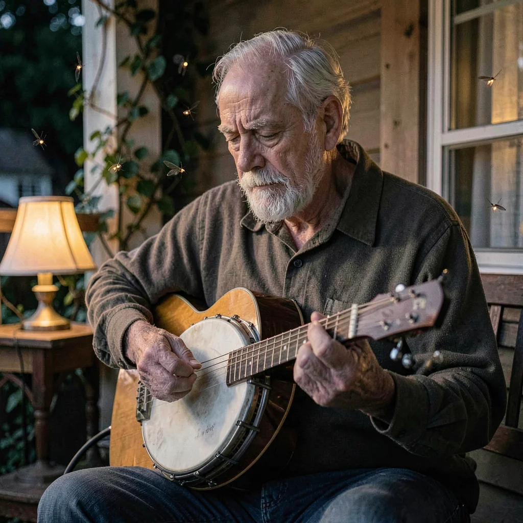 A wistful white musician in his fifties tuning a banjo by a porch lamp, evening 