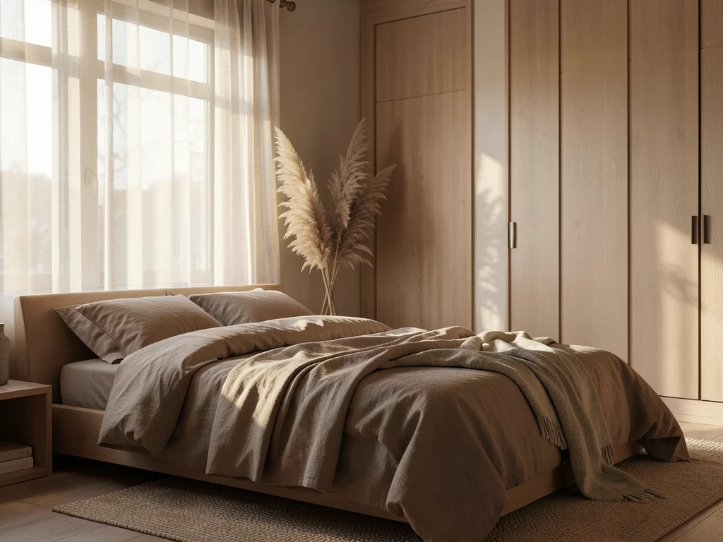 Bedroom with linen bedding in earth tones, dried pampas grass, warm morning ligh