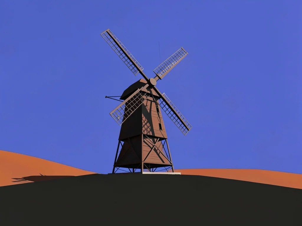 Idle steel windmill stands lonely on a copper-red plateau under a vast lapis sky