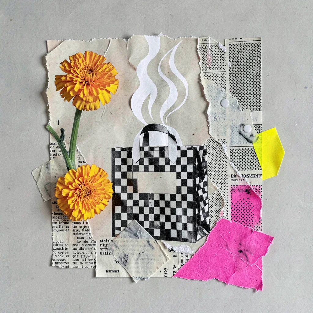 Diner-zine collage of a checkered to-go bag with cut-paper steam rising, marigol