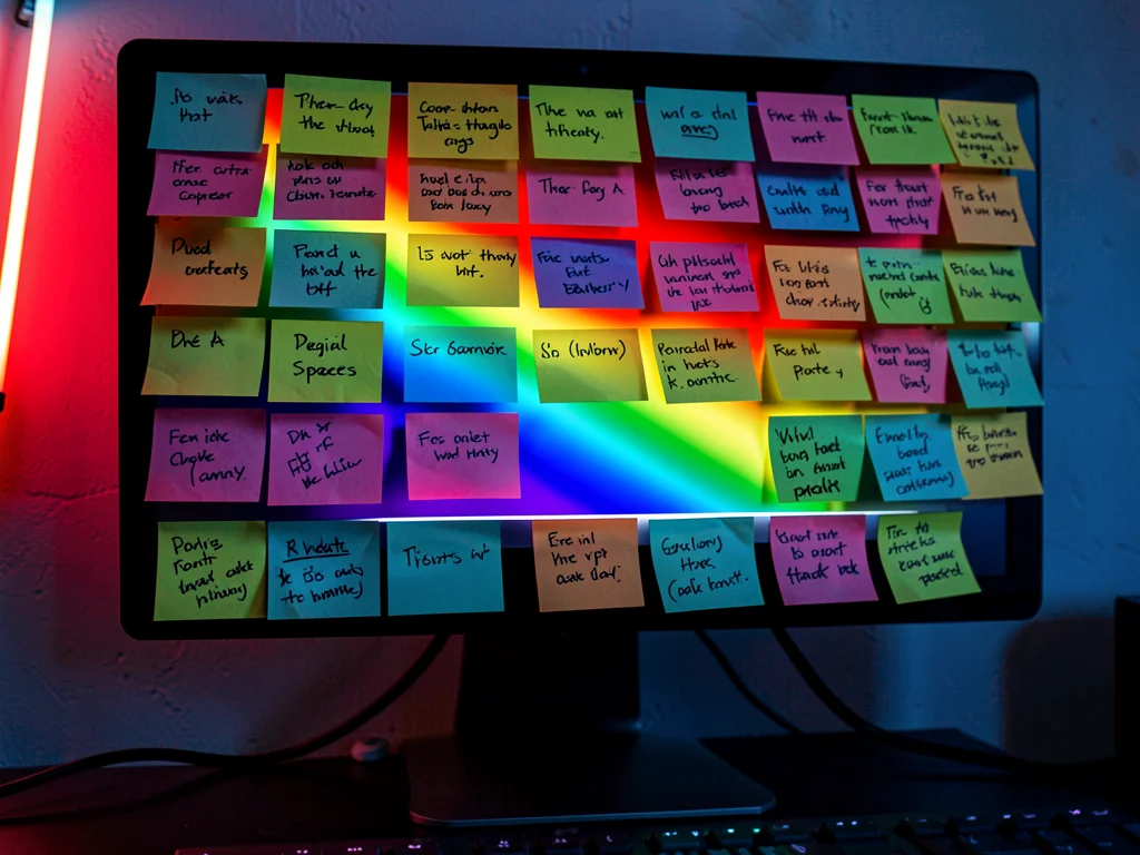 Computer monitor framed entirely by sticky notes, the analog overflow of digital